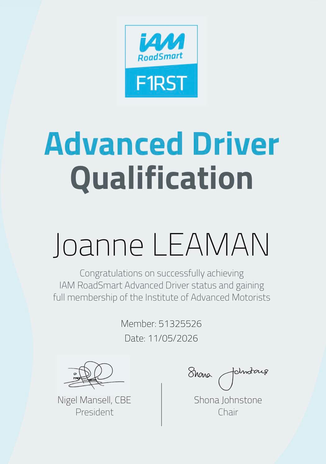 IAM RoadSmart Advanced Driver Certificate